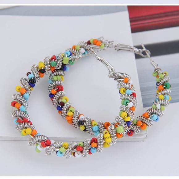 Metal & Multi-Colored Rice Bead Weaving Hoops - Picture 1 of 6